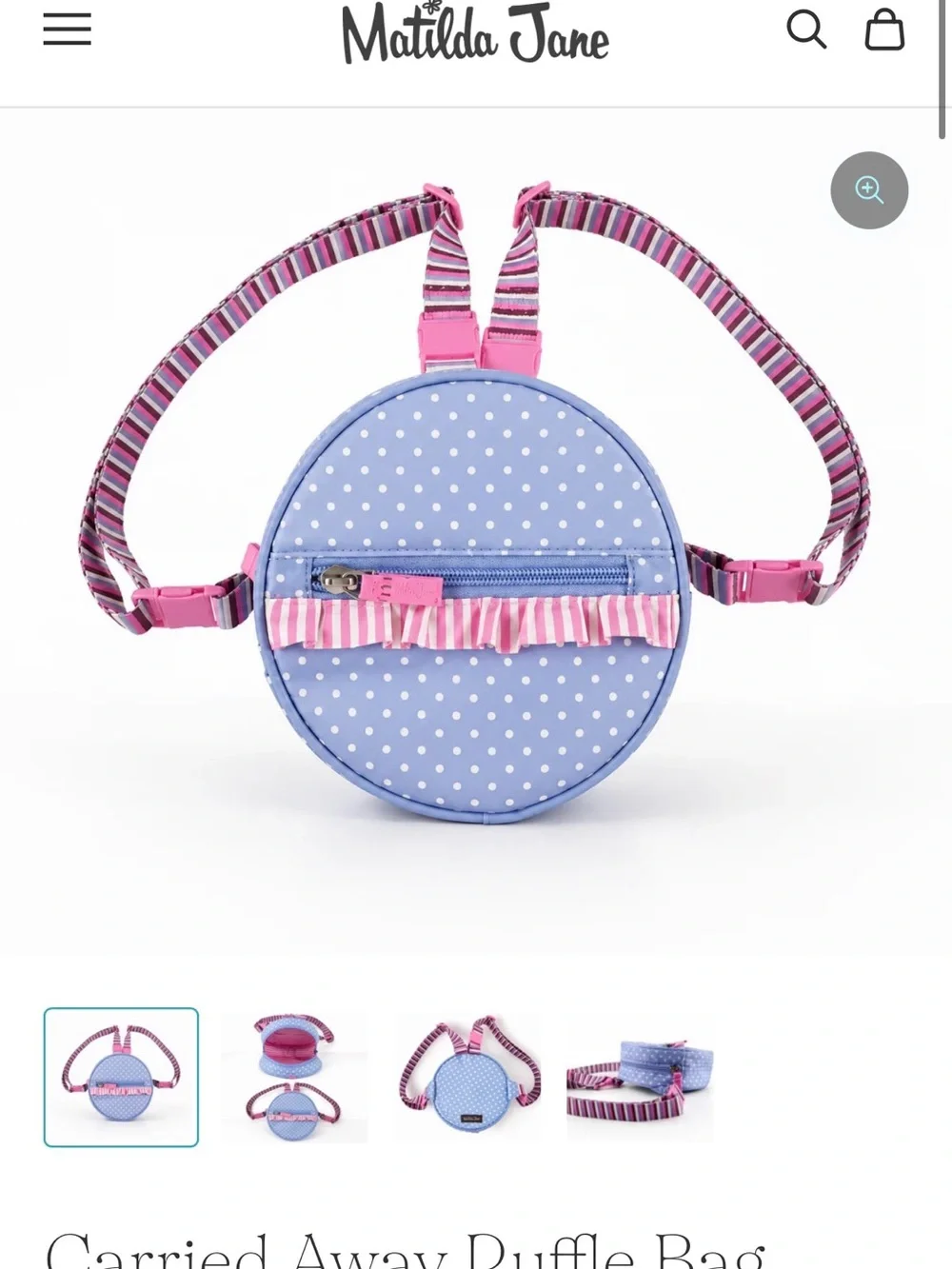Matilda Jane Light Blue Polka Dot Round Bag with Pink Ruffle